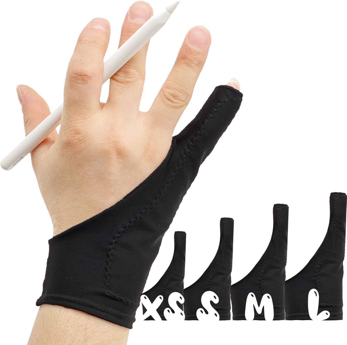 AKX Artist Drawing Glove XSmall - 2 Pack Palm Rejection for iPad - Smudge Guard, 1 Finger, Fingerless, Good for Left and Right Hand, Black | AK-010