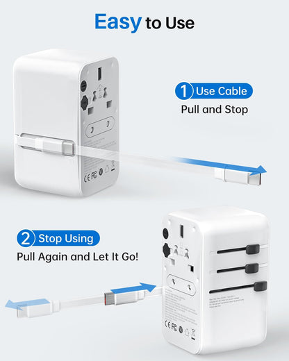 DOACE Universal Travel Adapter, 100W GaN 3.0 International Power Adapter with Built-in USB-C Cable, 6 in 1 Travel Adapter with 5 USB Ports, Plug Adapter Worldwide for EU/UK/USA/AUS(White)