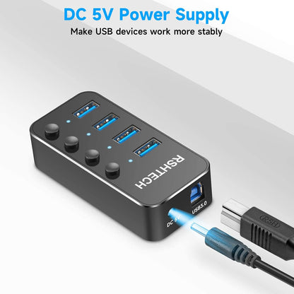 USB 3.0 Hub RSHTECH 4 Port Powered USB 3.0/USB C Hub Upgraded Version with 2-in-1 3.3ft USB Cable,5V Power Adapter and Individual Switches, Portable Aluminum USB Splitter for Laptop and PC, RSH-ST04