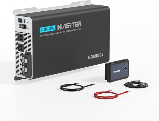Renogy Inverter PUH 2000 watt Pure Sine Wave Inverter, Built-in Transfer Switch and Bluetooth, Car Power Inverter 12V to 120V AC Converter for RV, Truck, Camping, Home, Emergency, Off-Grid Living
