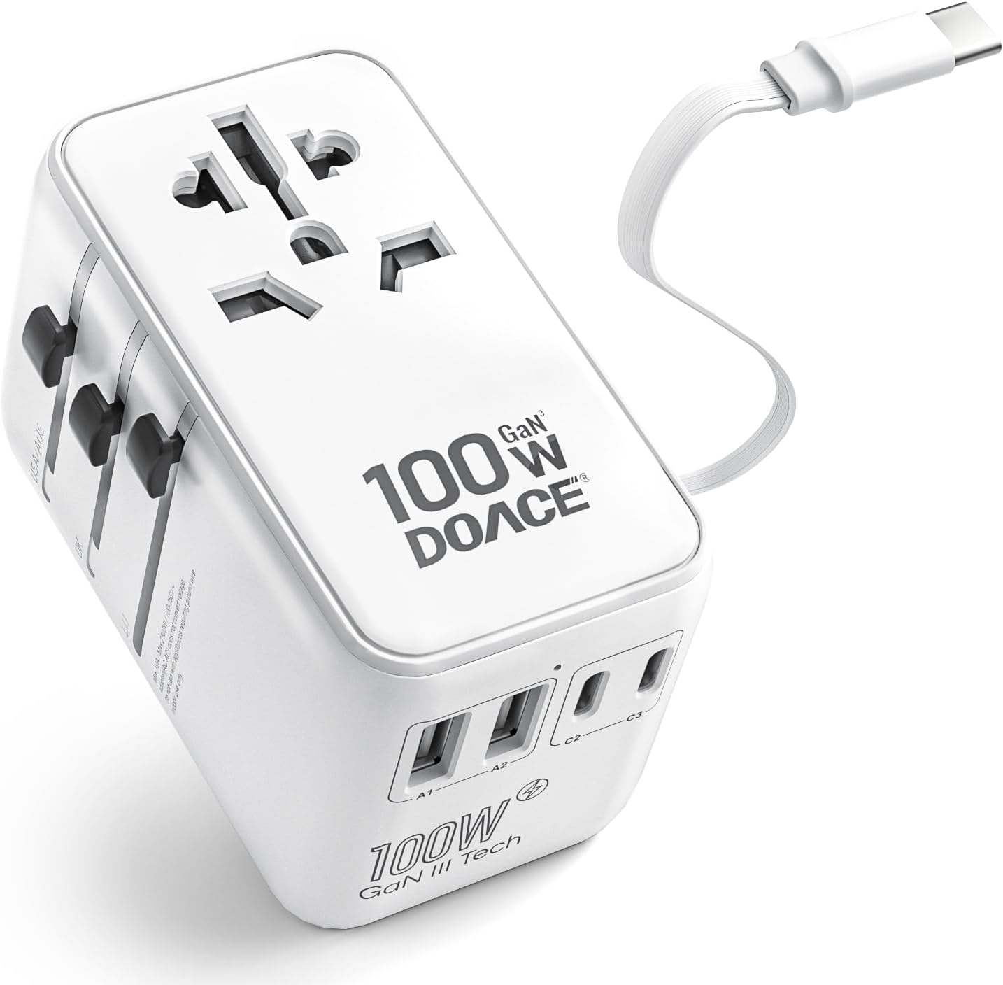 DOACE Universal Travel Adapter, 100W GaN 3.0 International Power Adapter with Built-in USB-C Cable, 6 in 1 Travel Adapter with 5 USB Ports, Plug Adapter Worldwide for EU/UK/USA/AUS(White)