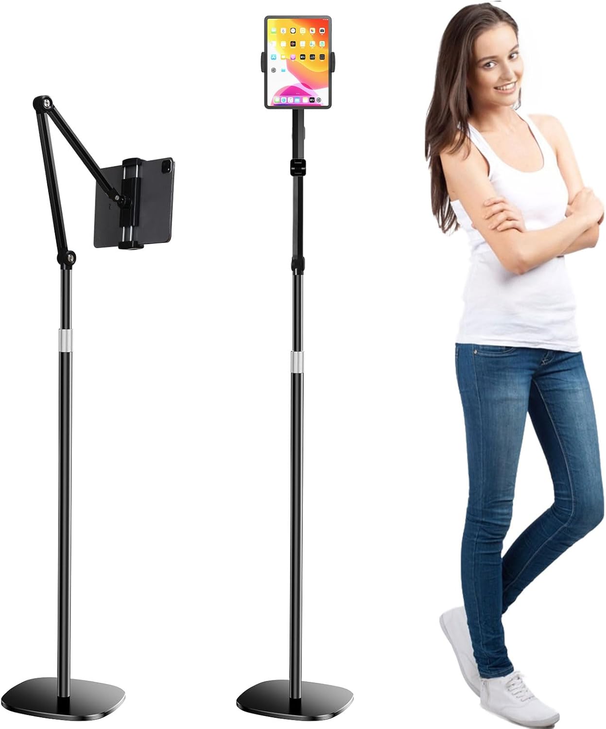 OATSBASF Tablet Floor Stand, Overhead Bed Phone Mount, Height & 360 Degree Angle Adjustable Universal Metal Tablet Holder Compatible with iPad, Samsung Galaxy Tab, iPhone, Kindle, 4.7-12.9" (Black)