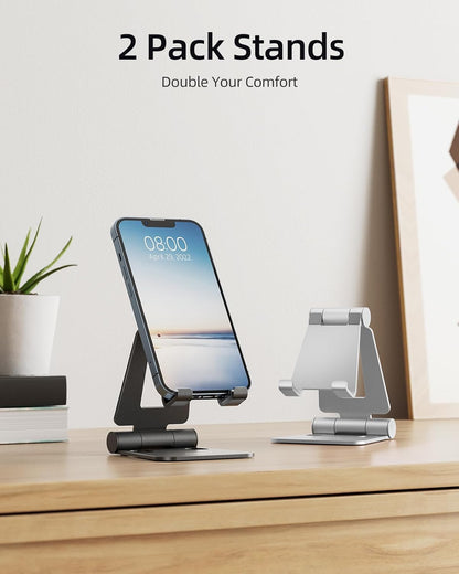 Nulaxy 2 Pack Dual Folding Cell Phone Stand, Fully Adjustable Foldable Desktop Phone Holder Cradle Dock Compatible with iPhone 17 16 15 14 13 12 11 Pro Max Xs Xr X 8, All Phones, Black & Silver
