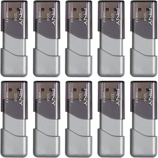 PNY 32GB Turbo Attaché 3 USB 3.0 Flash Drive, Silver (Pack of 10)