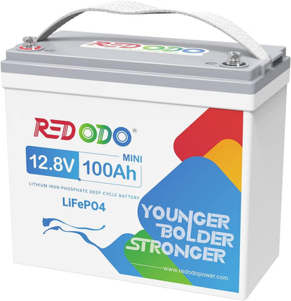 Redodo 12V 100Ah Mini LiFePO4 Battery, Smallest Lithium Battery with Upgraded 100A BMS, Max 1280Wh, Up to 15000 Deep Cycles Battery with 10 Years Lifetime for RV, Trolling Motor, Solar Home, Camping