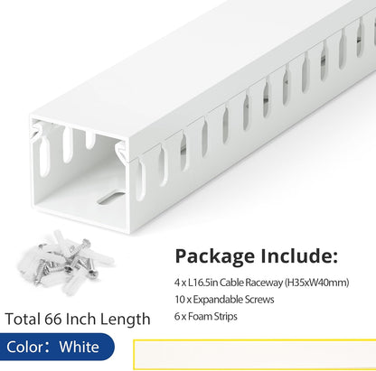 66in(4X L16.5in) Professional Server Rack Cable Management Raceway, H1.4in x W1.6in Cable Raceway Kit, Electrically Safe PVC Open Slot Wire Raceway for Under Desk/Computer/Network Cords, White