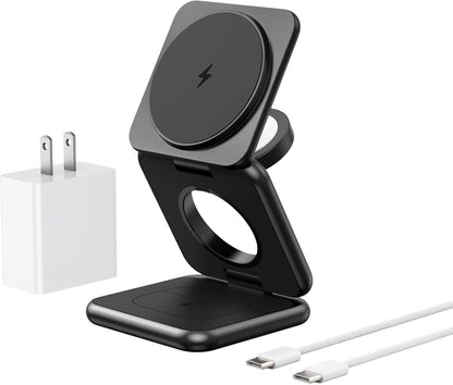 3 in 1 Charging Station for Apple Multiple Devices, Zinc Alloy Foldable Travel Wireless Charging pad for Mag-Safe Wireless Charger Stand for iPhone 16 15 14 13 12 Apple Watch Airpods