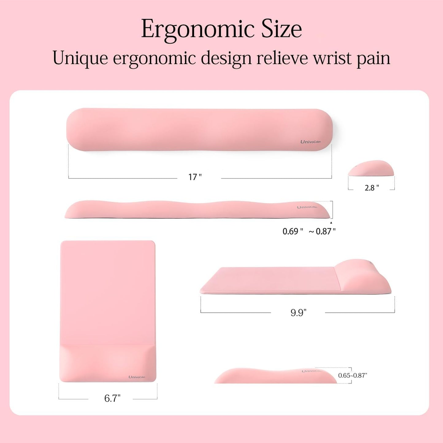 UnivoColors Design-Wave Set of Keyboad Wrist Rest & Mouce Pad,Artificial Sheepskin+Memory Foam+Ergonomic+Anti-Slip Gel, Resilience Support During Work and Gaming,Keyboard Accessory,Pink,N