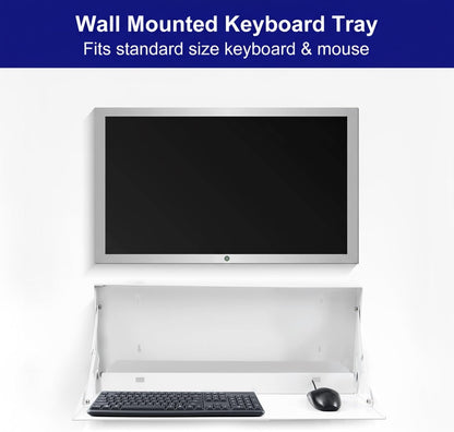 1 Pcs 24 Inch Keyboard Wall Mount Foldable Fits Standard Computer Keyboard Mouse Stand Tray Organizer for Small Offices Apartments, Easy Installation with 4 Screws (White)