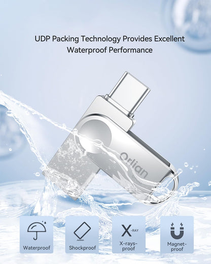 64GB USB C Flash Drive, Dual Drive USB 3.0 and Type C Thumb Drive Up to 110MB/s Read Metal Waterproof Swivel Design Portable for PC Laptop Tablet Android Smartphone iPhone 15 and More, Silver
