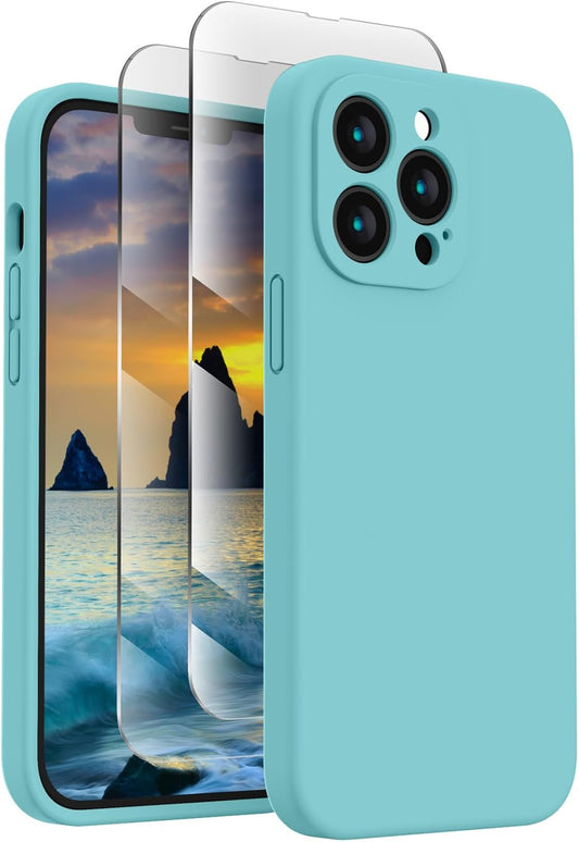 FireNova Designed for iPhone 13 Pro Max Case, Silicone [Camera Protection] Phone Case with [2 Screen Protectors], Soft Anti-Scratch Microfiber Lining Inside, 6.7 inch, Sea Blue