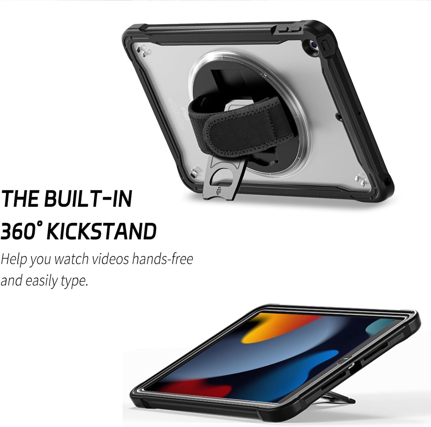 ZenRich Clear Case for iPad 9th/8th/7th Generation 10.2 inch 2021/2020/2019, Shockproof Slim Hard Case with Pencil Holder/360°Rotating Kickstand/Handle/Carrying Strap, Black