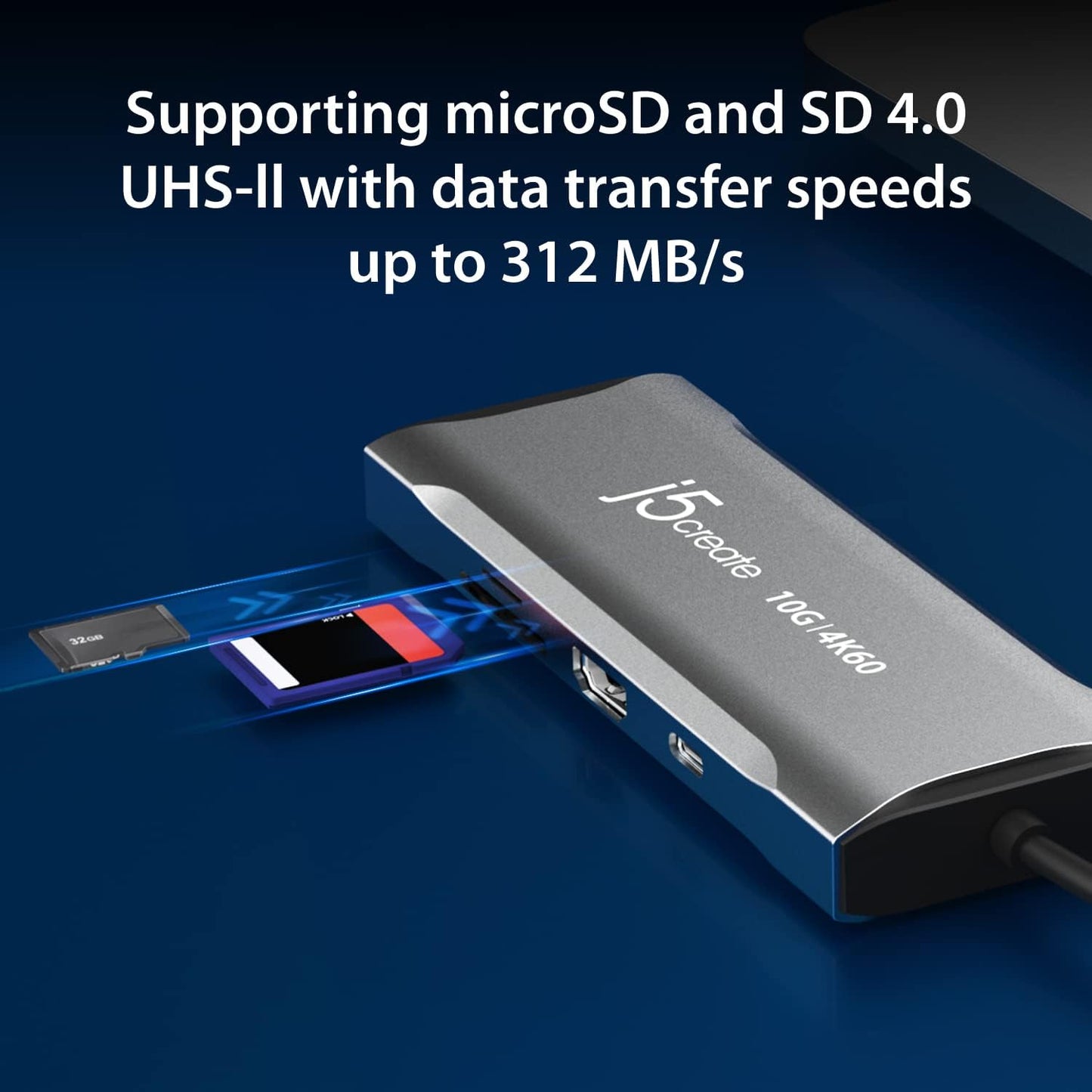 j5create Laptop Docking Station, 9-in-1, 4K60Hz HDMI, USB-C 10Gbps, 2 USB-A 10Gbps, 100W PD with USB-C 5Gbps, Ethernet, SD 4.0 Card Reader, for MacBook, XPS, Surface Pro (JCD393)