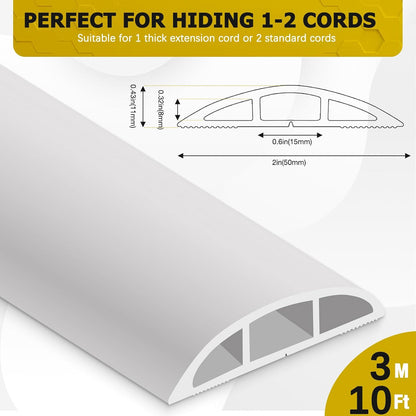 Floor Cord Cover 10FT Cord Covers for Wires on Floor Protect Wires & Prevent Trip Hazards, Easy to Cut for Home, Office, School, Concerts, Cavity W0.6in x H0.32in