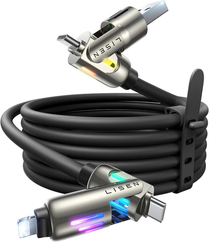 LISEN 240W USB-C Charge Cable, Soft USB C Cable, 4 in 1 Charging Cable (6.6FT) with Light, USB A/C to C/L Multi Charging Cable for iPhone 16 15 14 13 12 Pro Max, MacBook, iPad, Samsung, Black