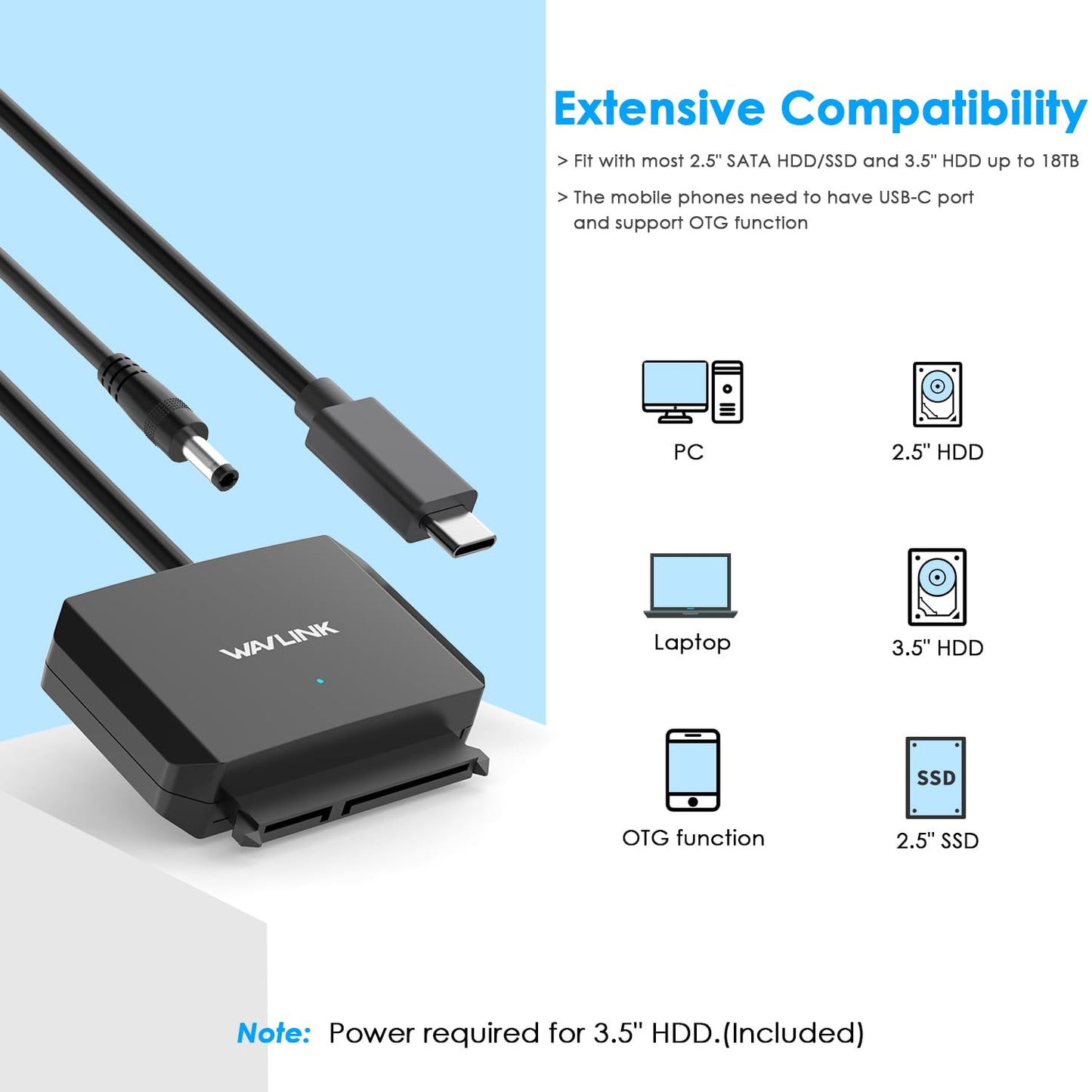 WAVLINK SATA to USB Type-C Hard Drive Cable, 5Gbps USB C to Sata Cable Support UASP, External Hard Drive SATA I/II/III Connector 2.5" SSD/HDD and 3.5" HDD up to 20TB, Power Adapter Included
