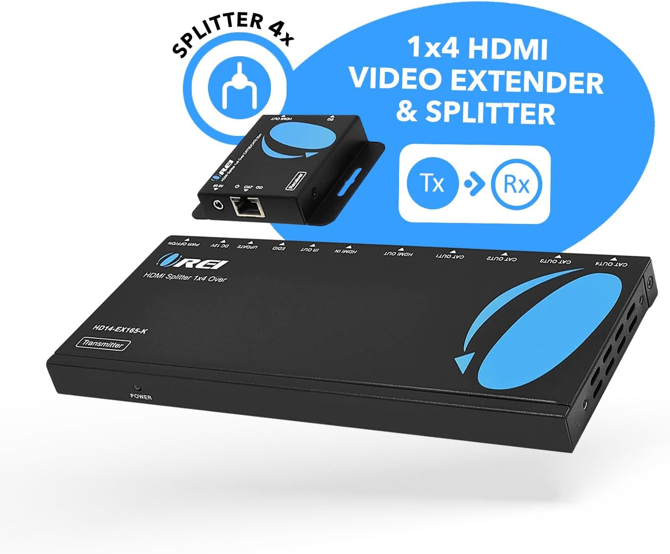 OREI 4K 1x4 HDMI Extender Splitter Over CAT6/7 Ethernet Cable Up to 4K@30Hz upto 165 ft-1080P@60Hz upto 230 ft, IR control, EDID, HDMI Loop Out (HD14-EX165-K)