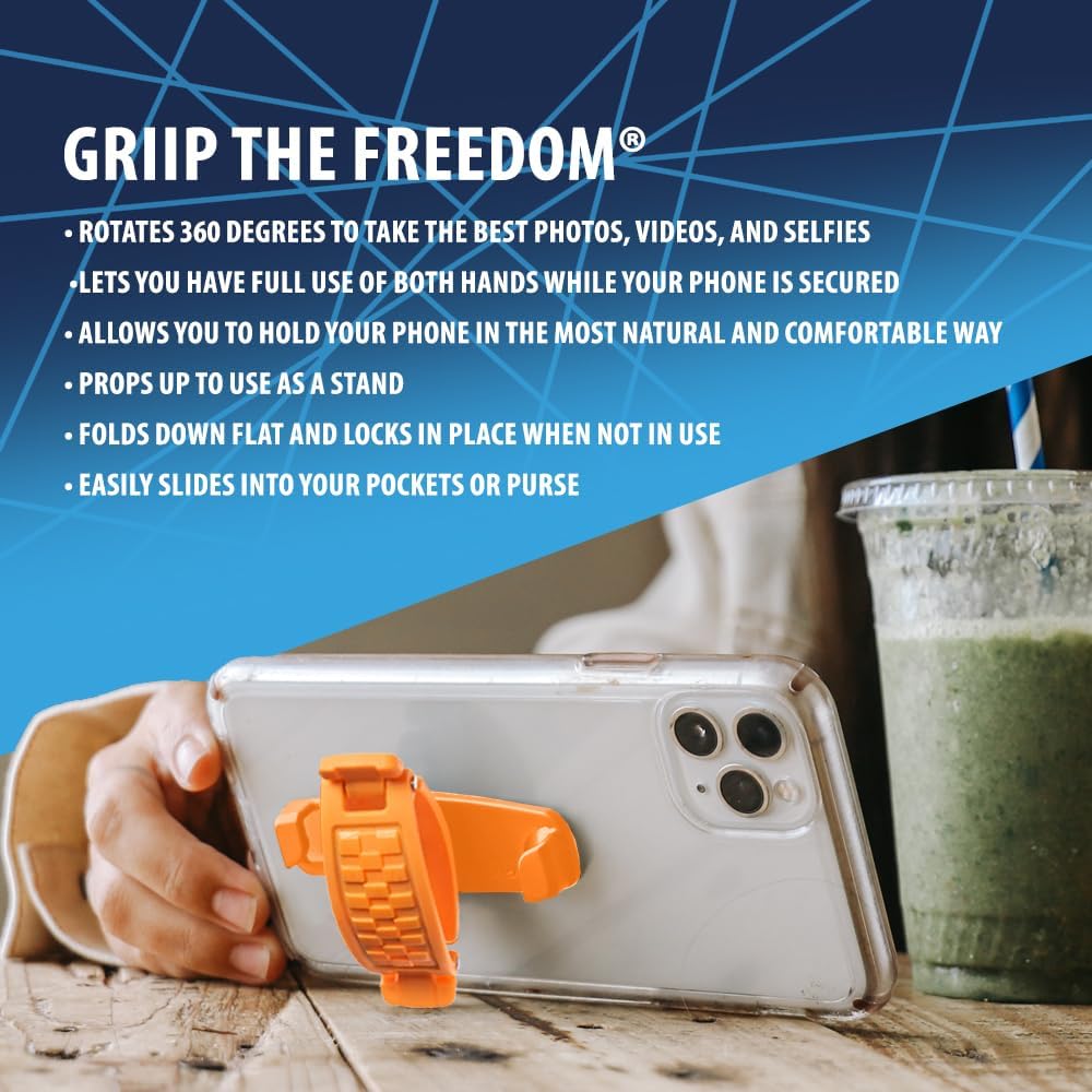 360 Rotating Phone Grip - Phone Holder for Hand - Phone Grips for Back of Phone & Pop Cell Phone Accessories for iPhone, Smartphones & Kindle Tablets (Orange)