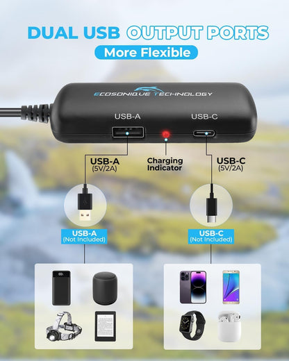 Ecosonique 10W/15W/30W/60W Portable Solar Panel Charger, IP67 Waterproof ETFE USB Solar Phone Charger with Detachable Power Hub, 2025 Latest Version Compatible with iPhone, Power Bank, Smartwatch