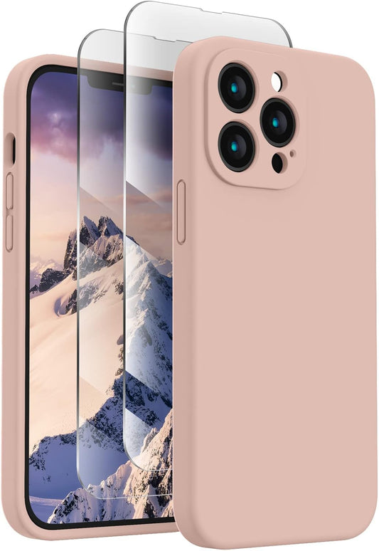 FireNova Designed for iPhone 13 Pro Case, Silicone Upgraded [Camera Protection] Phone Case with [2 Screen Protectors], Soft Anti-Scratch Microfiber Lining Inside, 6.1 inch, Pinksand