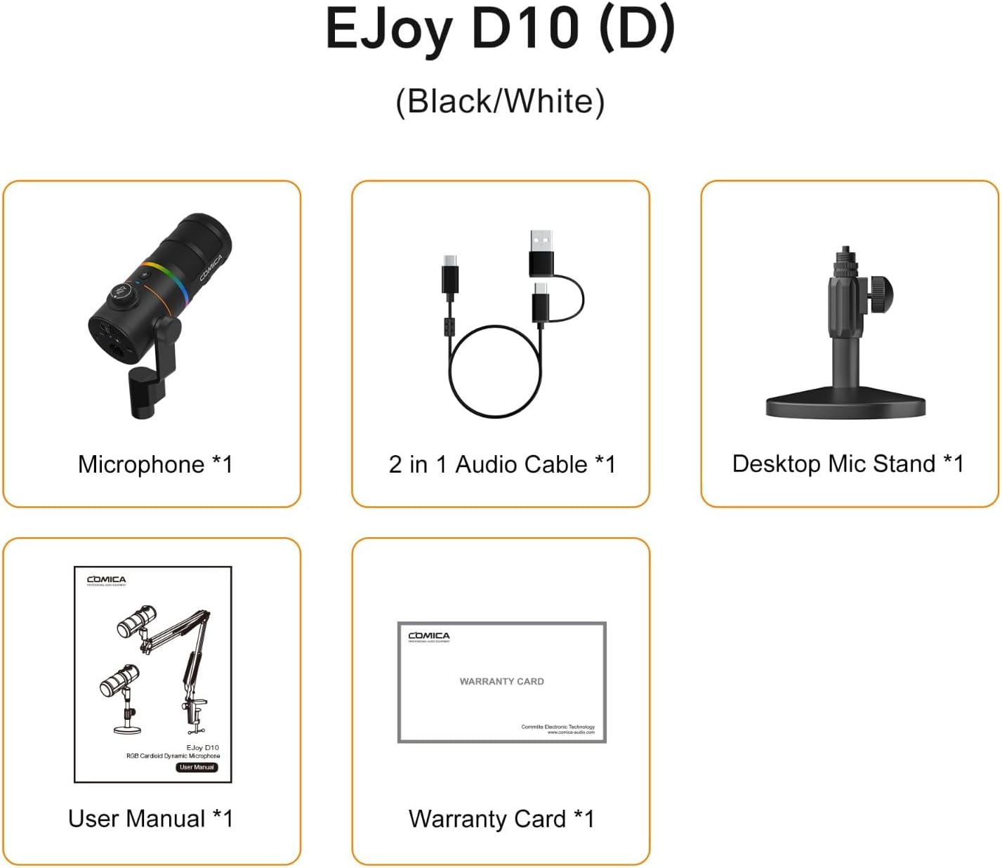 COMICA EJoy D10 D USB/XLR Dynamic Microphone with RGB Lighting &CalMix Denoise &Mute Button- Studio-Quality Cardioid Mic with Desktop Stand for Gaming, Streaming, Podcast,YouTube(PC/PS5/Xbox/Mac)Black