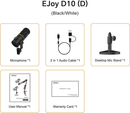 COMICA EJoy D10 D USB/XLR Dynamic Microphone with RGB Lighting &CalMix Denoise &Mute Button- Studio-Quality Cardioid Mic with Desktop Stand for Gaming, Streaming, Podcast,YouTube(PC/PS5/Xbox/Mac)Black