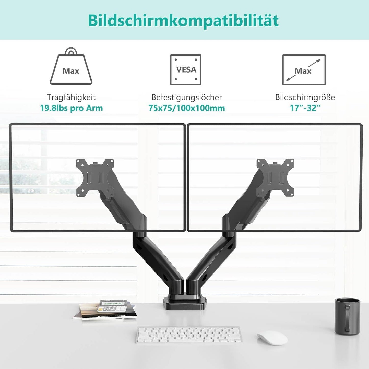 WALI Dual Monitor Mount, Monitor Arms for 2 Monitors Fully Adjustable Gas Spring Desk Mount Swivel Mounting Holes Bracket with C Clamp, Grommet Base for Display Up to 32 Inch 19.8lbs (GSMP002), Black