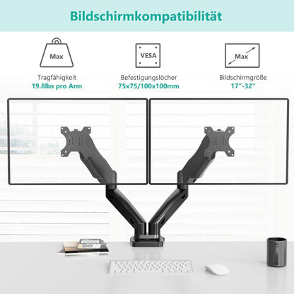 WALI Dual Monitor Mount, Monitor Arms for 2 Monitors Fully Adjustable Gas Spring Desk Mount Swivel Mounting Holes Bracket with C Clamp, Grommet Base for Display Up to 32 Inch 19.8lbs (GSMP002), Black