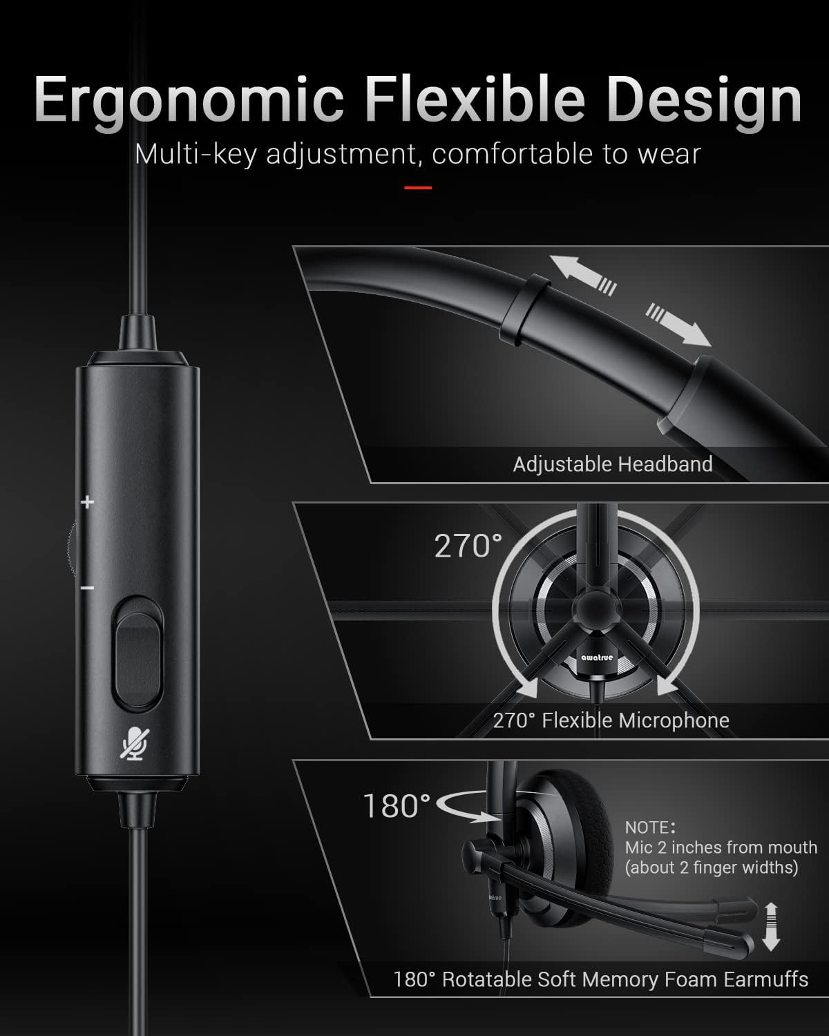 Wired Headset with Microphone for PC Laptop - 3.5mm Jack On Ear Headphones with Noise Cancelling Microphone for Boom Skype Webinars, in-line Control,Comfortable