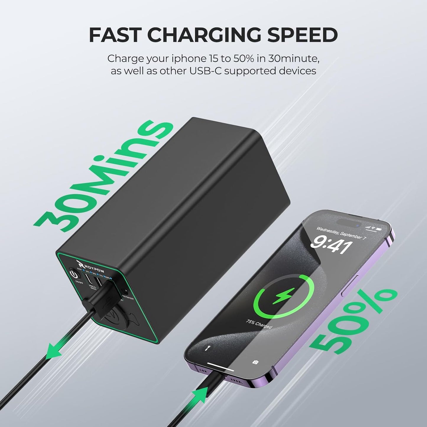 RoyPow 30W PD Portable Charger with 12V 10A Constant Voltage Cigarette Lighter Socket, 86.58Wh USB C Laptop Power Bank, 18W QC & 12V DC Battery Pack, Perfect for Dash Cam Astrophotography or Camping