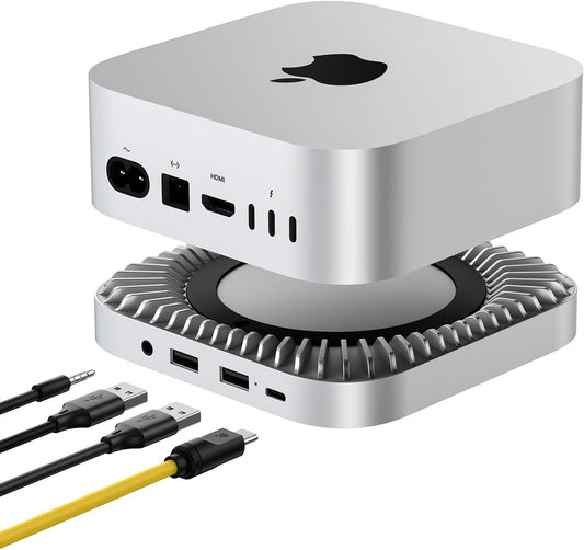 40Gbps Aluminum Hub & Stand for New M4/M4 Pro Mac Mini (2024) with 40Gbps NVMe/M.2 SSD Enclosure, 2X USB-A, USB-C Host, 3.5mm Audio – Compatible with All New Mac Mini M4/M4 Pro
