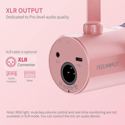 FEELWORLD PM1 XLR USB Dynamic Microphone Gifts for Podcast Recording PC Computer Gaming Live Streaming Vocal Voice-Over, Studio Metal Mic with RGB Light, Mute Button, Headphones Jack (Pink)