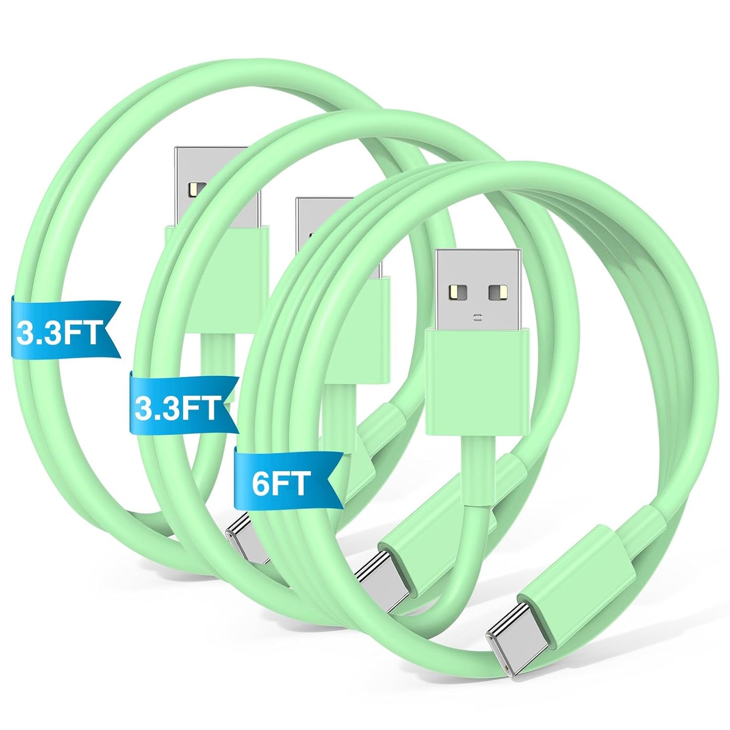 3-Pack Green [3.3FT+3.3FT+6FT] USB A to USB C Cable，USB to USB C Car Carplay Cable for iPhone 16 15 Pro Plus Pro Max，for iPad Pro/Air/Mini，for Samsung S24/S23/S22/S21，for MacBook Pro/Air and More
