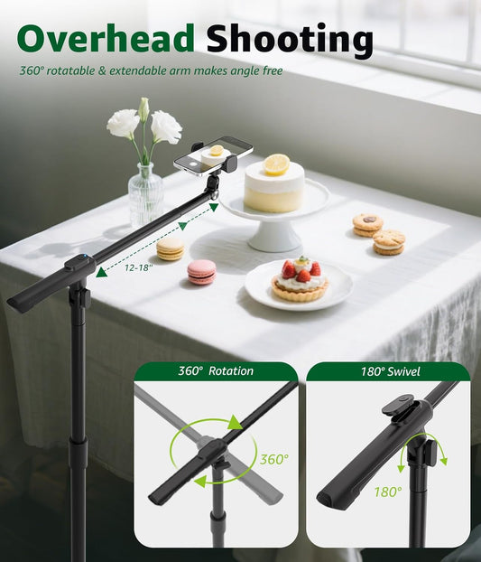 Phone Floor Stand, Overhead Phone Mount with Extendable Horizontal Arm & Remote, 360° Rotatable Extension Arm, Adjustable Tripod Stand for iPhone Video Recording, Photography, Live Streaming