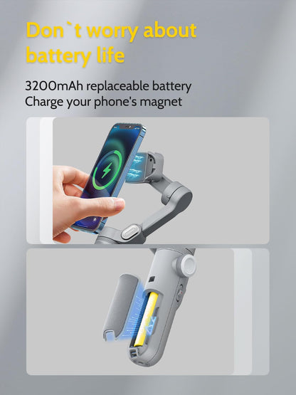 Gimbal Stabilizer for Smartphone,RGB Magnetic Refill Light Set,OLED Display LED Light Focus Wheel, Professional 3-axis stabilizer for Android &iPhone, AOCHUAN XPRO KIT Grey