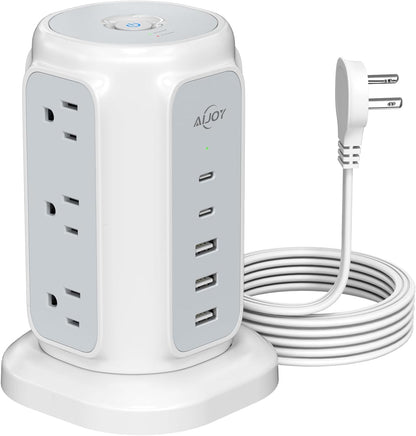 AiJoy Flat Plug Power Strip Tower with 9 Outlets and 5 USB Ports (2 USB-C), 1200J Surge Protection, 1625W Extension Cord with Multiple Outlets Charging Station for Home Dorm Office Supplies