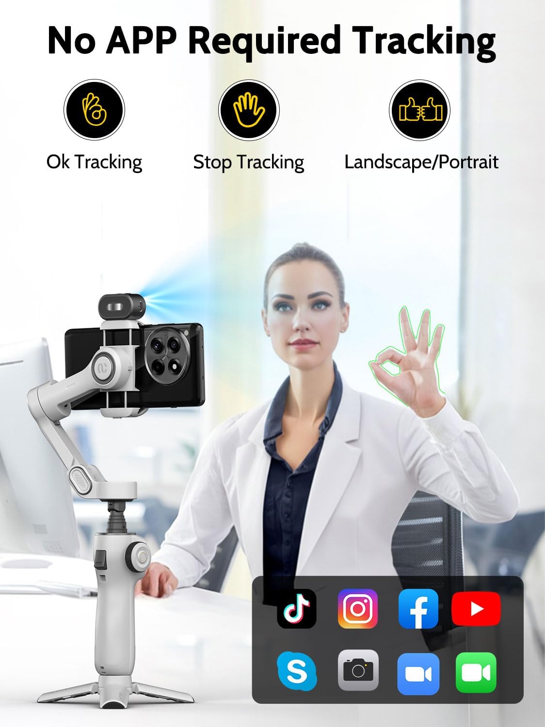 Gimbal Stabilizer for Video Recording, Smartphone 3-Axis Smartphone Gimbal with AI Tracking Sensor for Vlogging,7.8' Extension Rod,Trigger Button,YouTube Tiktolk(Smart V8 AI White)