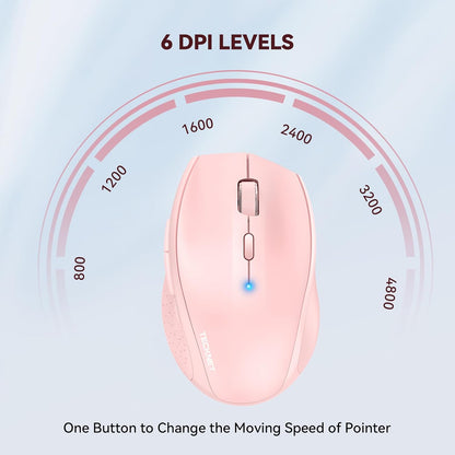 TECKNET Bluetooth Mouse, 4800 DPI Wireless Mouse, 2-Year Battery 6 Adjustable DPI, 6 Buttons Compatible with Laptop/Windows/Computer - Pink