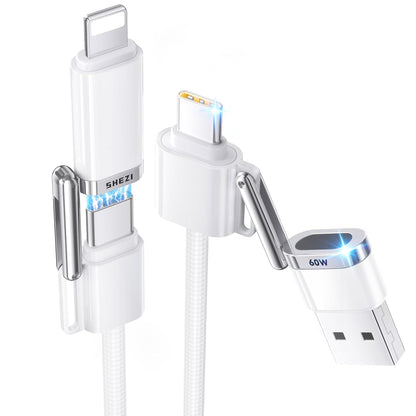 SHEZI 4-in-1 USB C Cable Compatible With Lightning Cable 60W Fast Charging & Data Transfer, Support to CarPlay & Android Auto, 5FT Travel Multi Cord Charger Combo for iPhone/iPad/Samsung/MacBook Cable