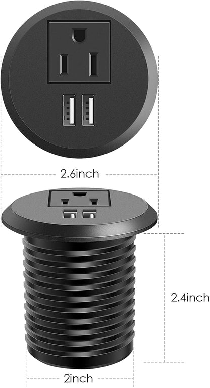 Jgstkcity Desktop Power Grommet, 2 inch, Black, 1 AC Outlet and 2 USB Ports, 6.56ft Cable, Fire Resistant Outer Shell