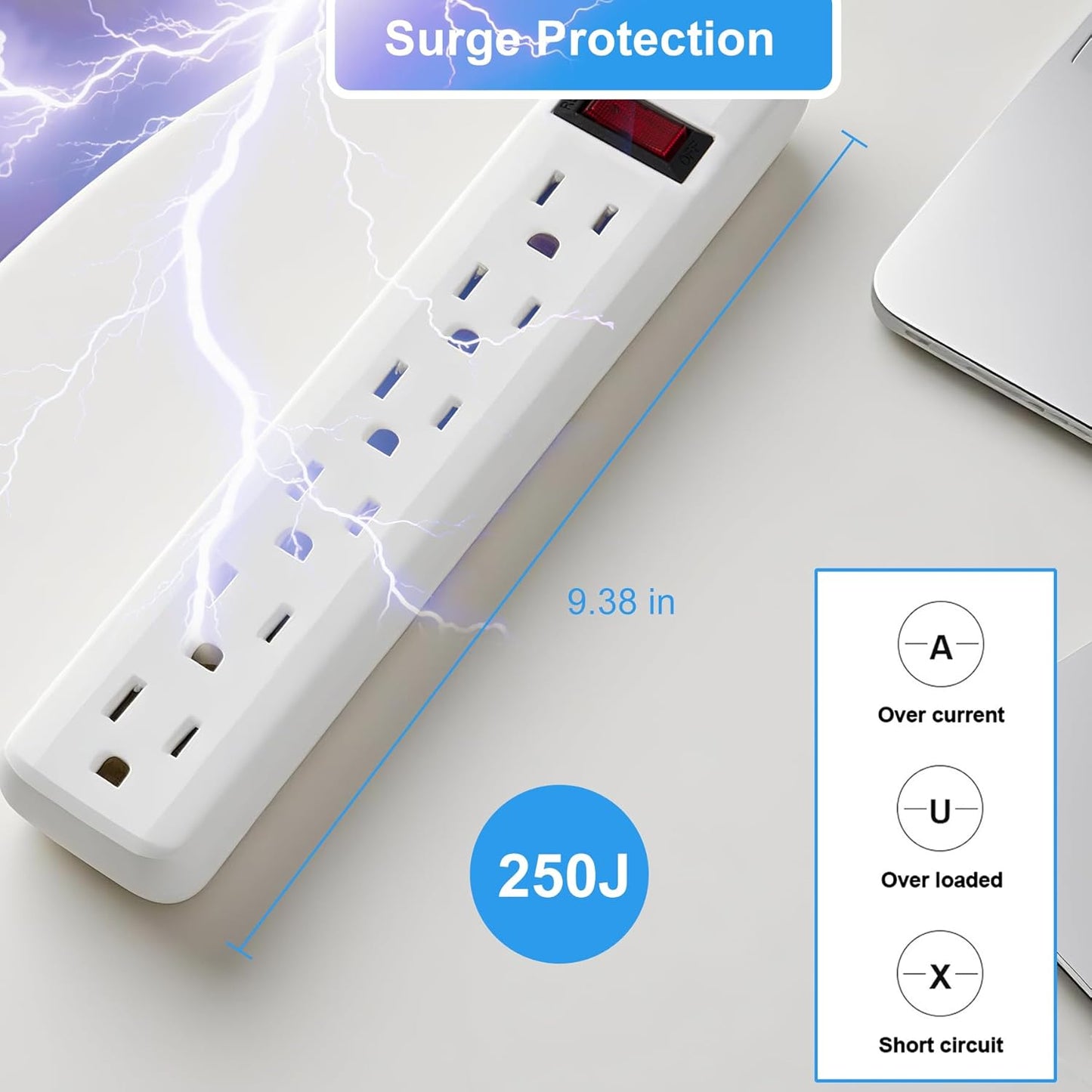 6-Outlet Surge Protector 2pk – 250 Joules, 2ft Cord, 15A/125V, 1875W Max – Right Angle Plug, Black – Home, Office, & Electronics Protection