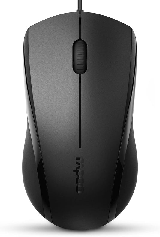 Rapoo Silent Wired Mouse, 1000 DPI 5ft Cord Quiet Button Optical Computer Mouse, Left Right Hand Use, for Laptop Chromebook Mac Notebook, Matte Black