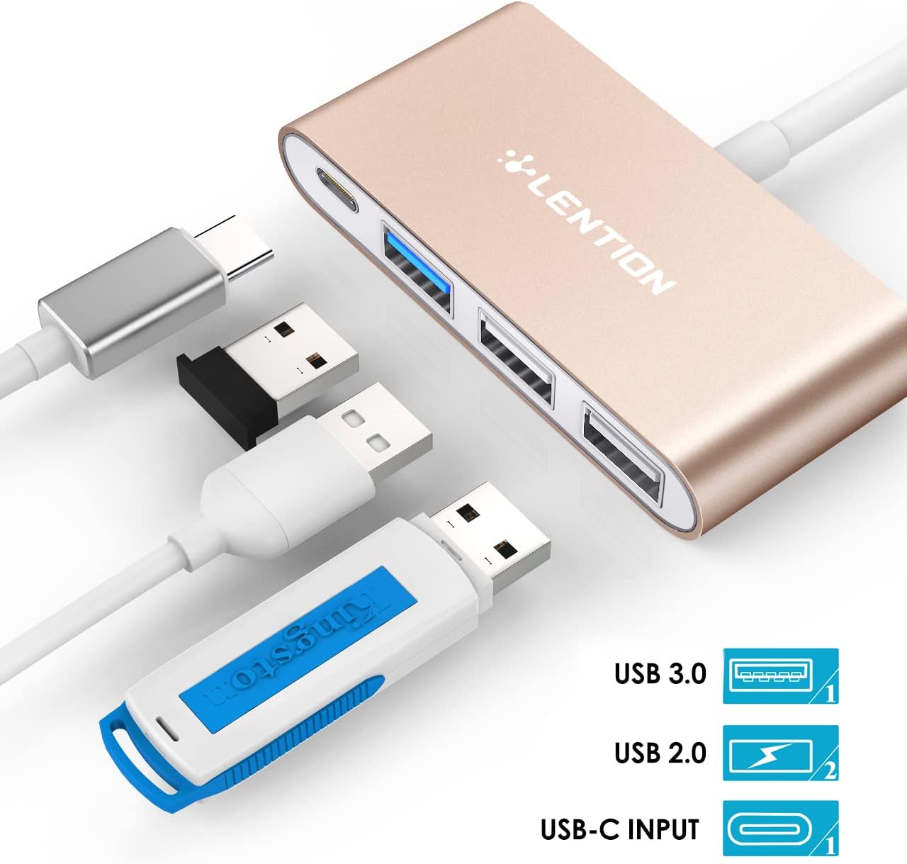 LENTION 4-in-1 USB-C Hub with Type C, USB 3.0, USB 2.0 for 2024-2016 MacBook Pro (M1-M4), iPhone 16-15 New Mac Air/Surface, ChromeBook, More, Multiport Charging & Connecting Adapter (C13, Gold)