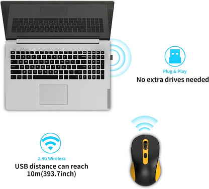 Wireless Mouse for Laptop, PC, Chromebook, Mac, MacBook, Silent Wireless Mouse with USB Nano Receiver, Side Button, 2400 DPI, Anti Slip Roller, 6 Button Ergonomics Cordless Computer Mice -Black Yellow