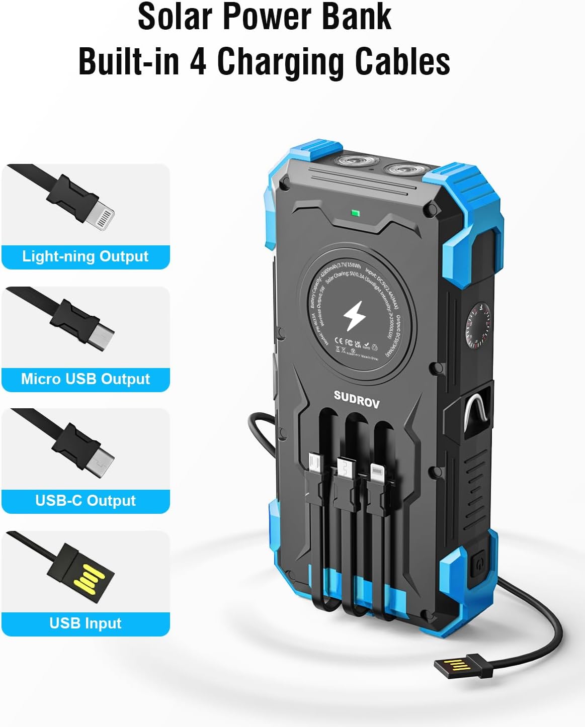 Solar Charger Power Bank, 42800mAh Wireless Portable Charger with USB-C in/Output, QC3.0 Fast Charging 15W 4 Ports Outdoor Battery Pack Built-in Dual Led Flashlights for iPhone Samsung etc