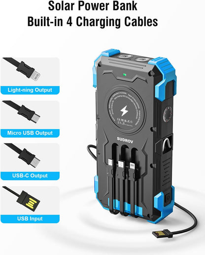 Solar Charger Power Bank, 42800mAh Wireless Portable Charger with USB-C in/Output, QC3.0 Fast Charging 15W 4 Ports Outdoor Battery Pack Built-in Dual Led Flashlights for iPhone Samsung etc