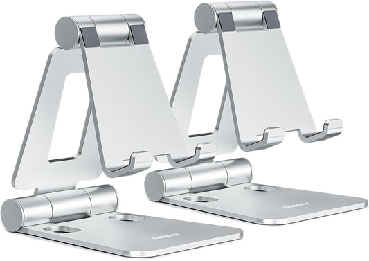 Nulaxy 2 Pack Dual Folding Cell Phone Stand, Fully Adjustable Foldable Desktop Phone Holder Cradle Dock Compatible with iPhone 17 16 15 14 13 12 Pro Max Xs Xr, All Phones, Silver