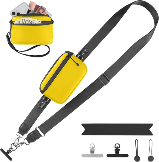 Clip and Go Strap for Phone with Wallet Crossbody, Adjustable Phone Lanyard with Detachable RFID Wristlet Wallet & Ultra-Thin 360° Rotatable Metal Tabs for All Smartphones (Yellow)