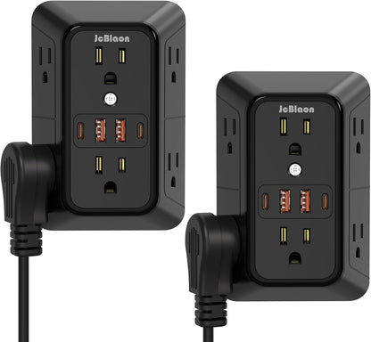 Surge Protector Outlet Extender, 6 Outlet Extender with 4 USB Charging Ports (2 USB C), 3 Sided Multi Plug Wall Adapter for Home, Office, Travel-2 Pack,Black