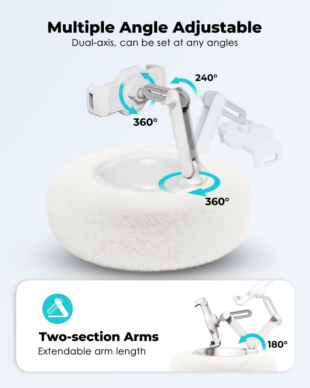 Viozon Tablet Stand Pillow, Compatible with 4.7"-13" Phone/Tablet, iPad, iPhone, Samsung, Google, Kindle, 360°Adjustable Phone Holder for Bed with Soft Plush Fabric, and Detachable Bowl, White